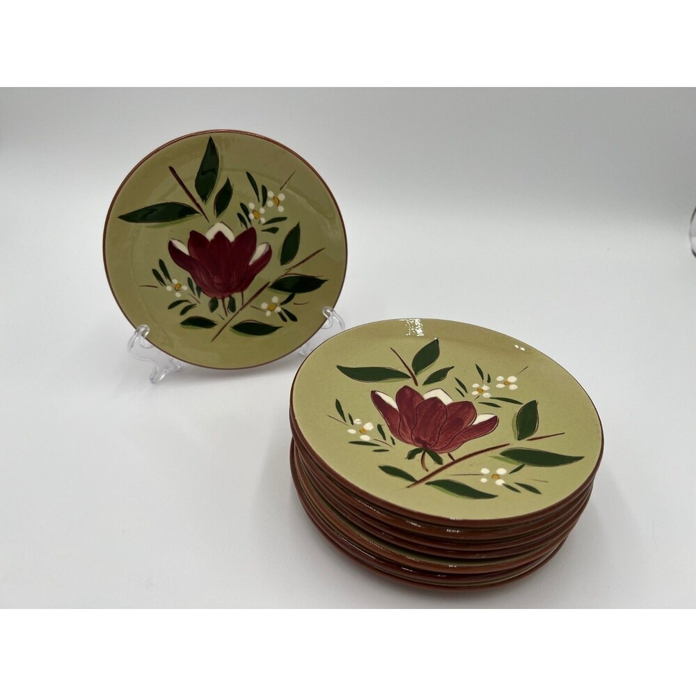 8 Stangl Magnolia Bread & Butter Plates Hand Painted Maroon Green Engobe 1953